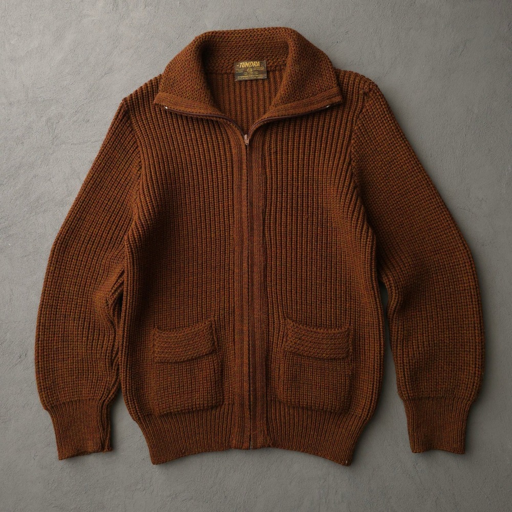 Vintage 70s Tundra Brown Full Zip Wool Cardigan Sweater Size M Ribbed Knit